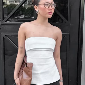 Women's Solid Strapless Tube Top Backless Bralette Split Bandeau Sexy Lenceria Turndown Slash Neck Bra Turndown Slash N