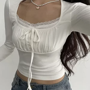 Bandage Folds Square Collar Crop Top Women Fairycore y2k White T Shirts Basic Knitted Elegant Tees Vintage 2000s Clothing