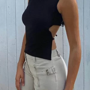 Tied Backless Slim Solid Sleeveless Crop Top 2021 Summer Sexy Skinny Simple Trim Outfits Mock Neck Basic Tank Top