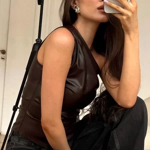 Pure Color Slim One-Shoulder Sleeveless Jacket with Slanting Collar And Zipper for Women Fall Winter 2025 Fashion Show Thin