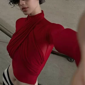 Spring 2025 Red Mesh Turtleneck Long Sleeve Bandage Crop Top Sexy See through Streetwear Club Fashion T-Shirt