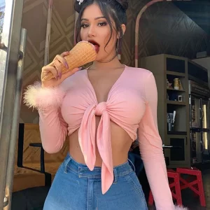 long sleeve fur V-neck wrapped bandage sexy crop tops autumn winter women streetwear club party outfits T-shirts